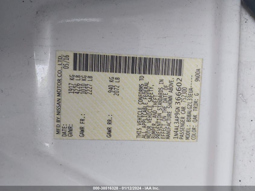 2016 NISSAN ALTIMA 2.5/S/SV/SL/SR - 1N4AL3AP9GN366602