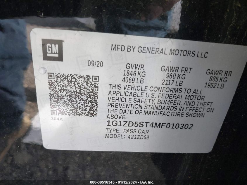 2021 CHEVROLET MALIBU LT - 1G1ZD5ST4MF010302