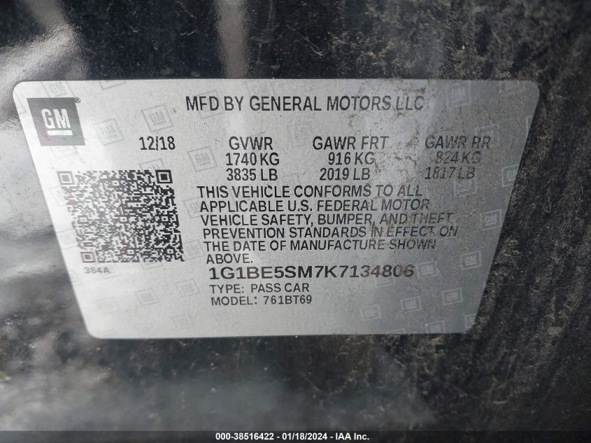 2019 CHEVROLET CRUZE LT - 1G1BE5SM7K7134806