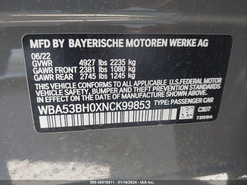 2022 BMW 530I WBA53BH0XNCK99853