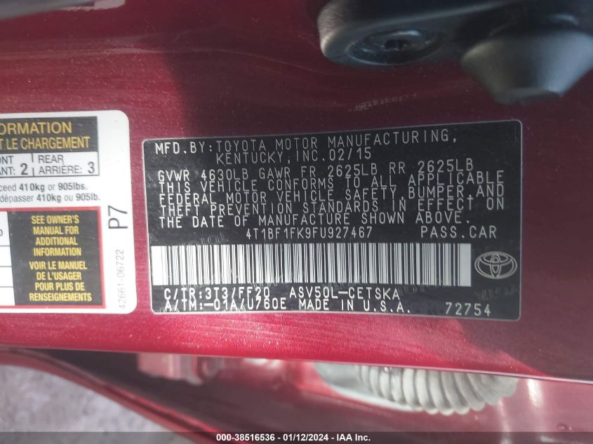 2015 TOYOTA CAMRY LE/XLE/SE/XSE - 4T1BF1FK9FU927467