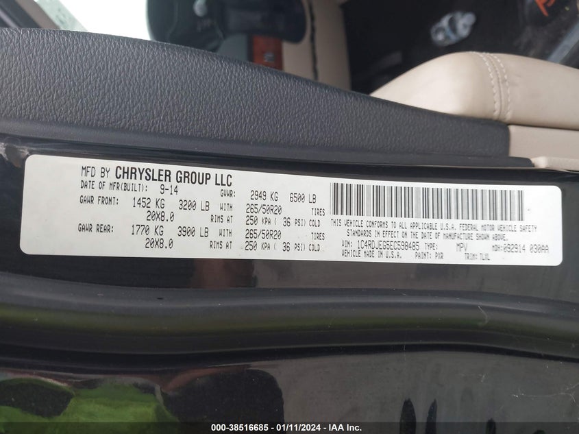2014 DODGE DURANGO VIN: 1C4RDJEG5EC598485