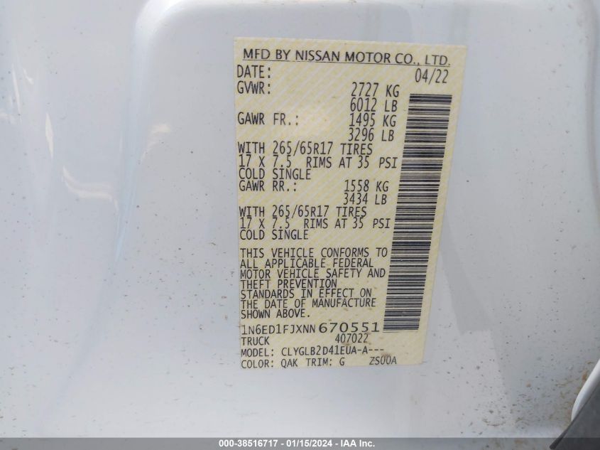 2022 NISSAN FRONTIER SV - 1N6ED1FJXNN670551
