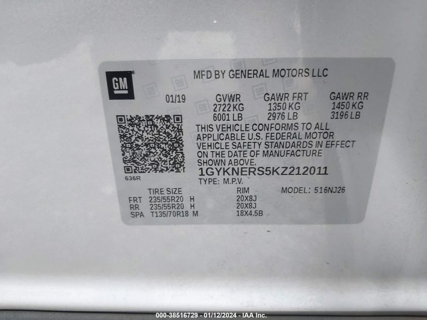 2019 CADILLAC XT5 PREMIUM LUXURY - 1GYKNERS5KZ212011