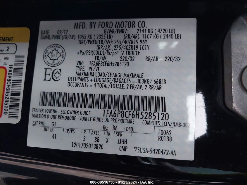 2017 FORD MUSTANG GT - 1FA6P8CF6H5285120