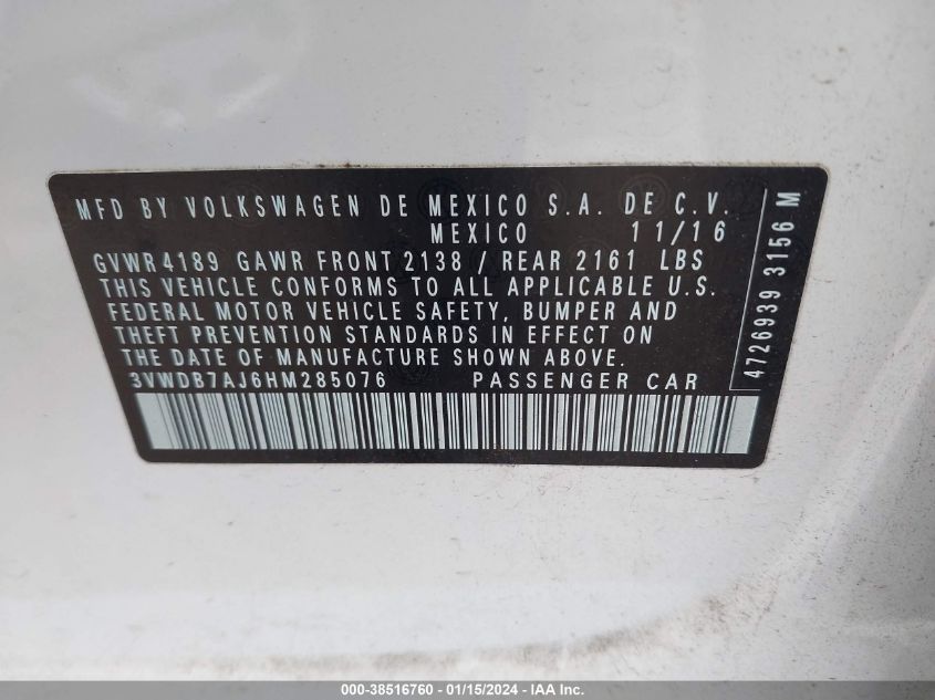 2017 VOLKSWAGEN JETTA SE - 3VWDB7AJ6HM285076
