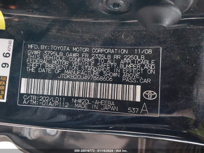 JTDKB20U497868606 | 2009 TOYOTA PRIUS