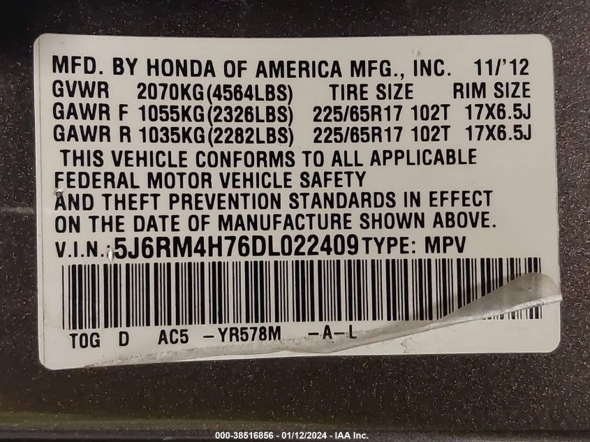 2013 HONDA CR-V EX-L - 5J6RM4H76DL022409
