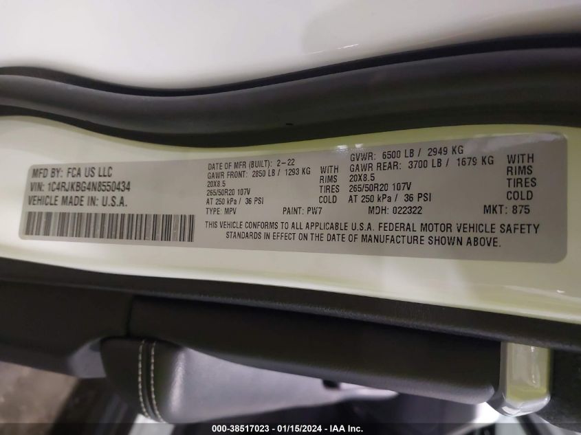 2022 JEEP GRAND CHEROKEE L L LIMITED - 1C4RJKBG4N8550434
