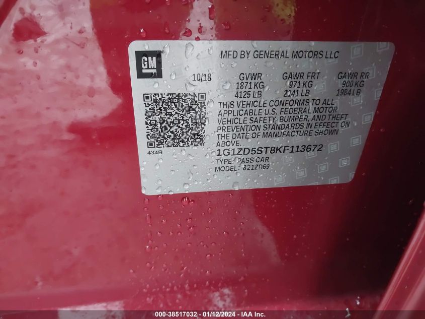2019 CHEVROLET MALIBU LT - 1G1ZD5ST8KF113672