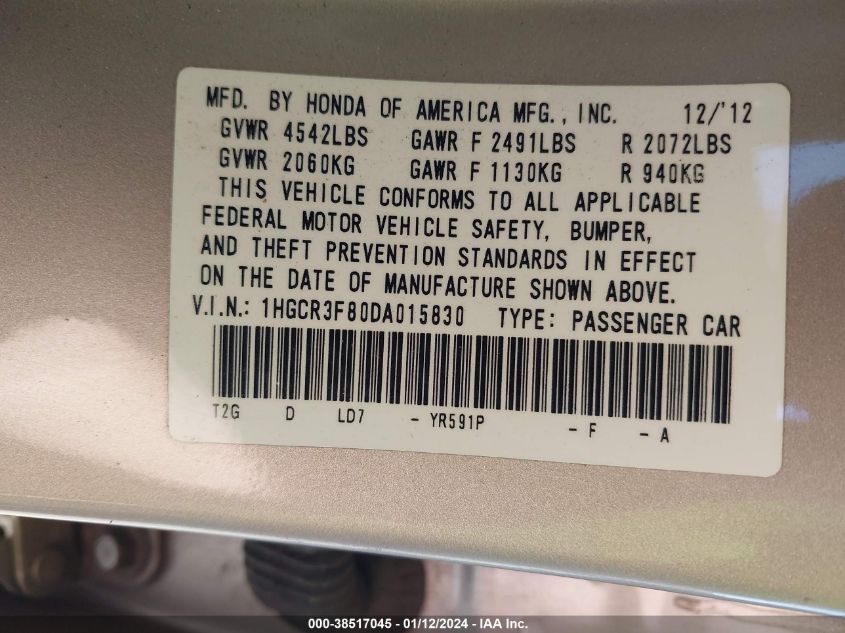 2013 HONDA ACCORD EXL - 1HGCR3F80DA015830