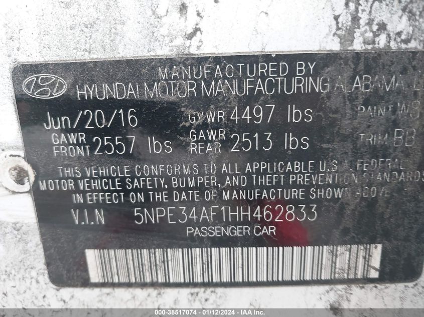2017 HYUNDAI SONATA SPORT - 5NPE34AF1HH462833