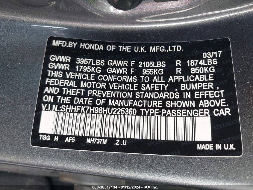 2017 HONDA CIVIC SPORT TOURING - SHHFK7H98HU225360