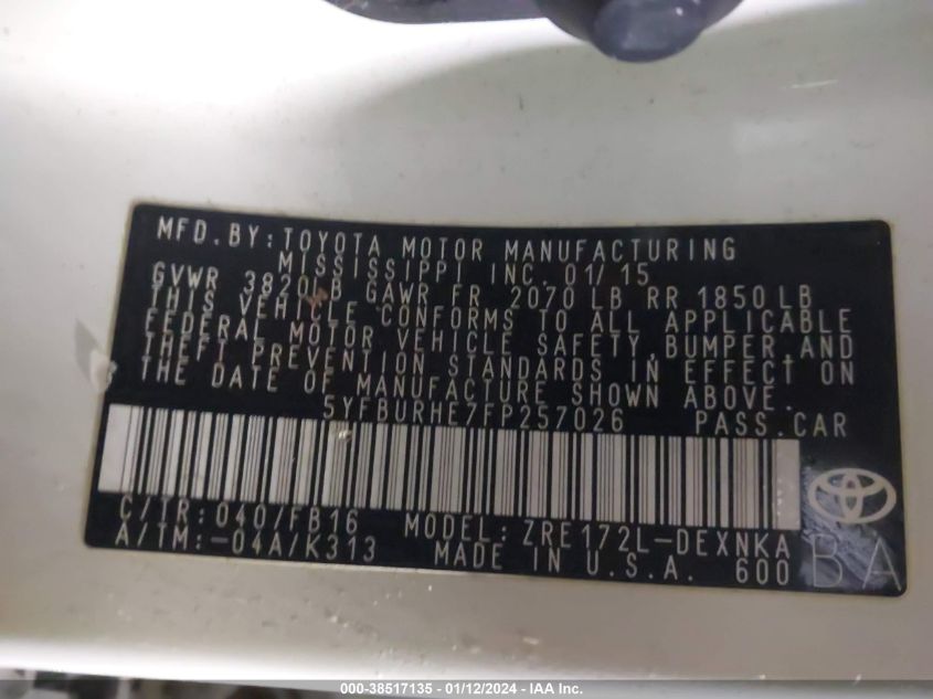 2015 TOYOTA COROLLA LE - 5YFBURHE7FP257026