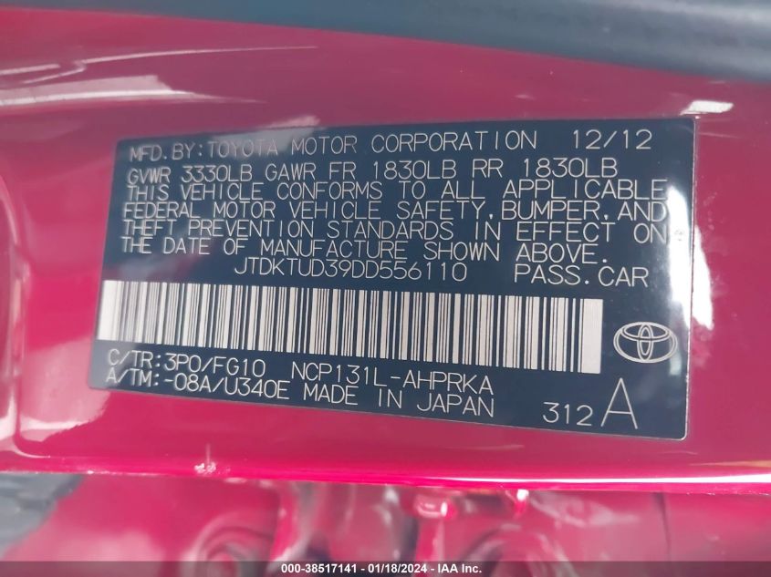 2013 TOYOTA YARIS L - JTDKTUD39DD556110