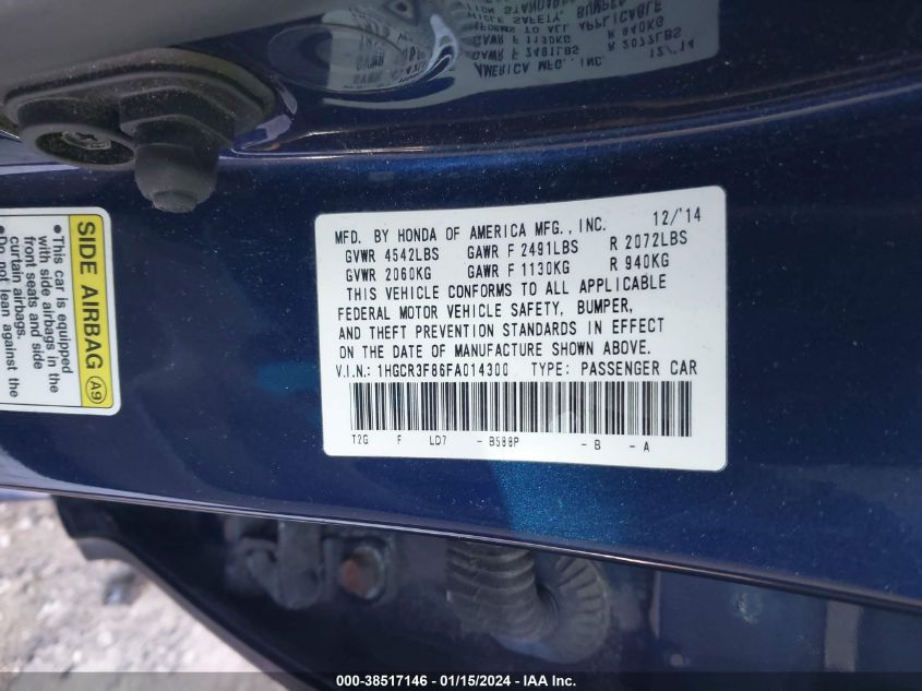 2015 HONDA ACCORD EX-L V-6 - 1HGCR3F86FA014300