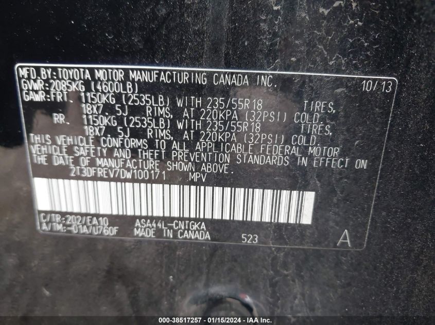 2013 TOYOTA RAV4 LIMITED - 2T3DFREV7DW100171