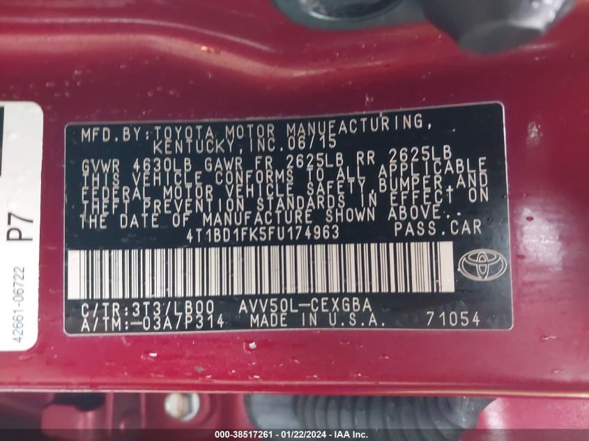 2015 TOYOTA CAMRY HYBRID XLE - 4T1BD1FK5FU174963