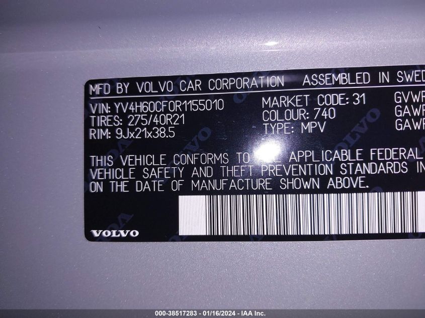 2024 VOLVO XC90 RECHARGE PLUG-IN HYBRID T8 ULTIMATE BRIGHT THEME 7-SEATER YV4H60CF0R1155010