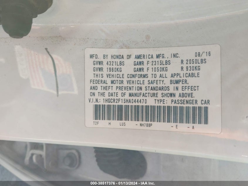 VIN 1HGCR2F15HA044470 2017 HONDA ACCORD SPORT SE