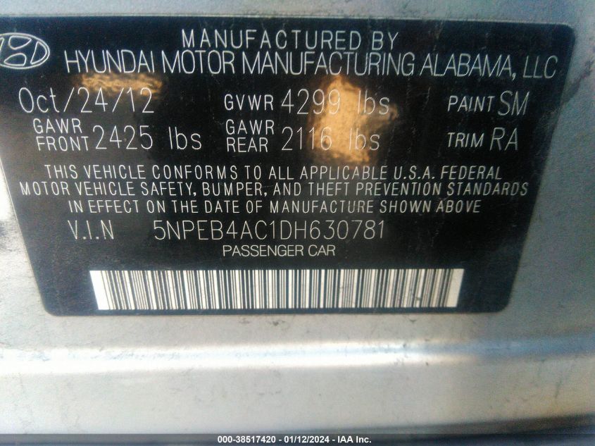 2013 HYUNDAI SONATA GLS - 5NPEB4AC1DH630781