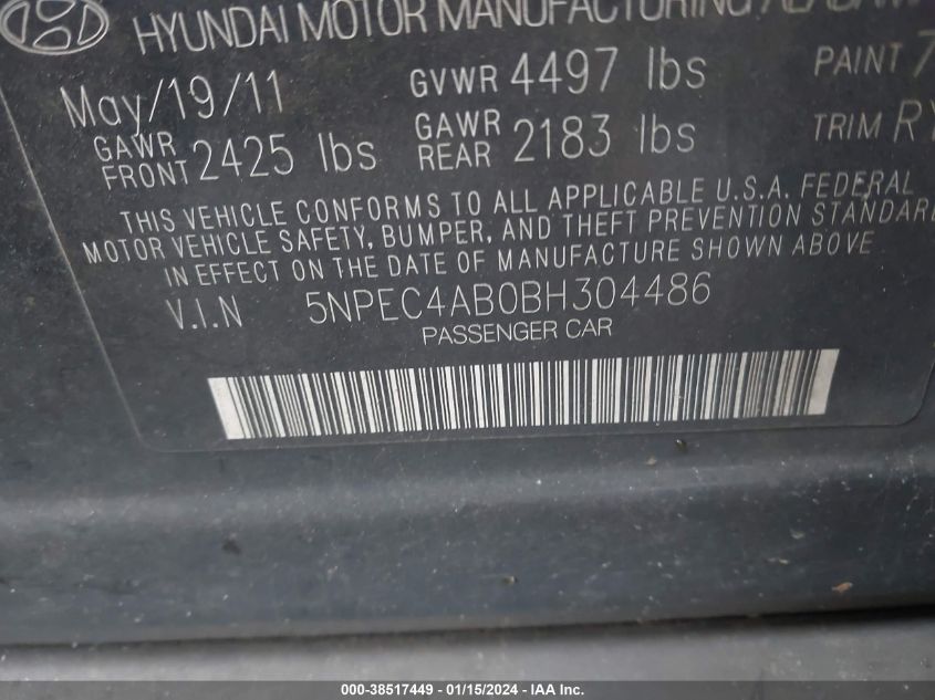 5NPEC4AB0BH304486 | 2011 HYUNDAI SONATA