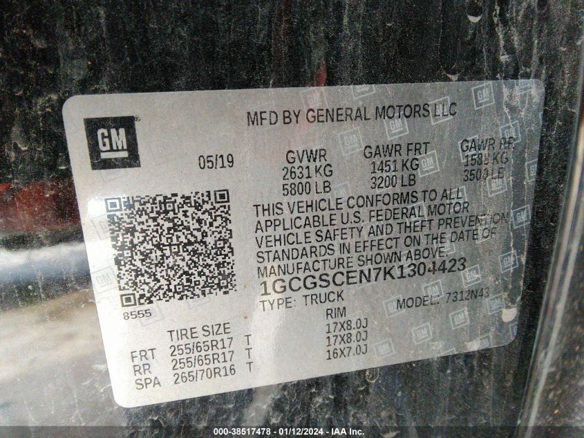 2019 CHEVROLET COLORADO LT - 1GCGSCEN7K1304423
