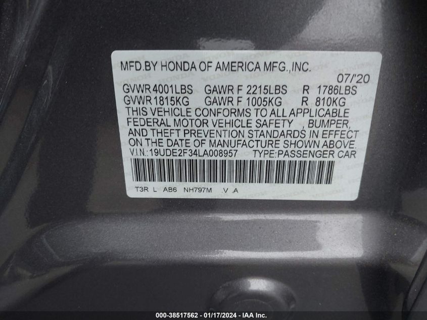2020 ACURA ILX - 19UDE2F34LA008957