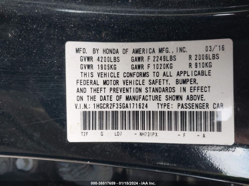 2016 HONDA ACCORD LX - 1HGCR2F35GA171624