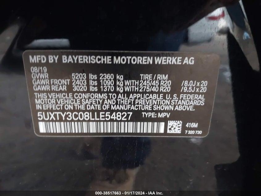 VIN 5UXTY3C08LLE54827 2020 BMW X3 SDRIVE30I