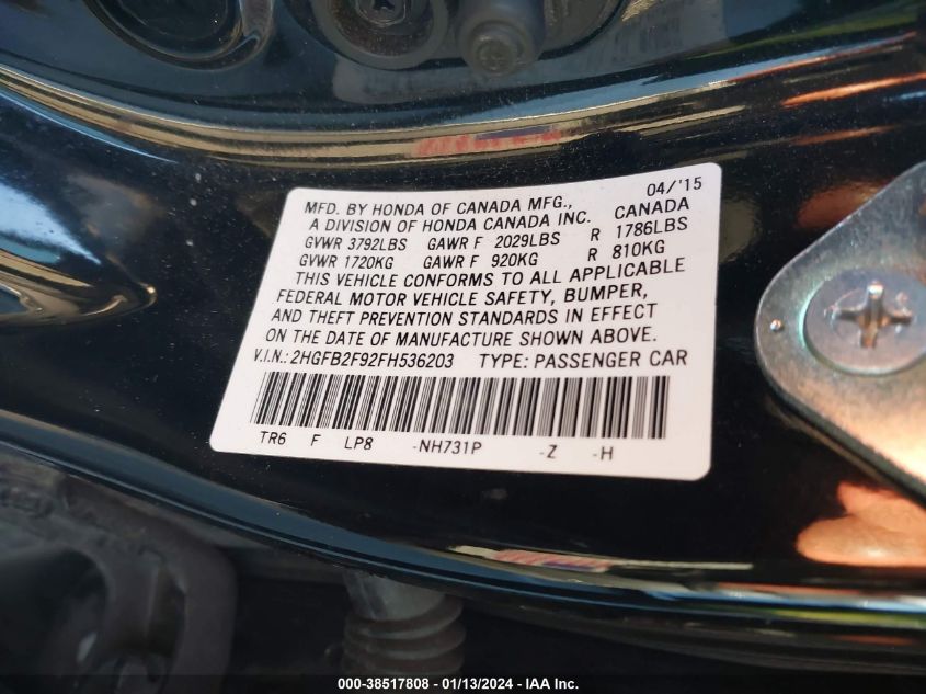 2015 HONDA CIVIC EX-L - 2HGFB2F92FH536203