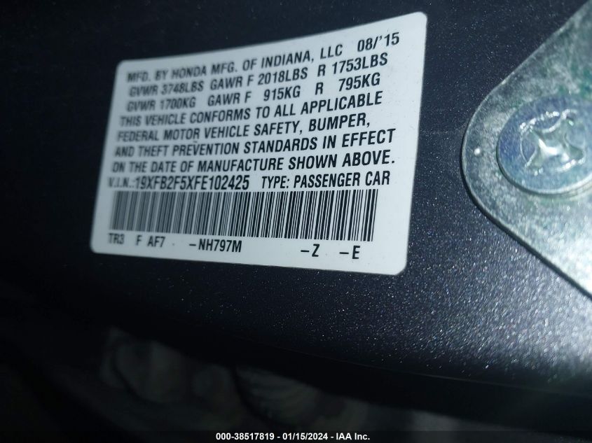 2015 HONDA CIVIC LX - 19XFB2F5XFE102425