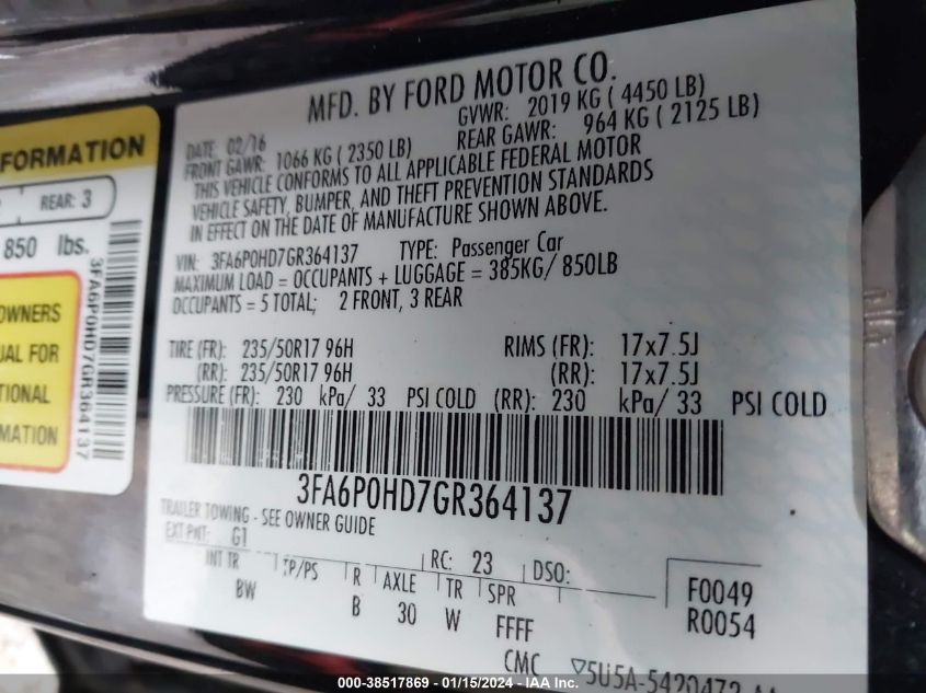 2016 FORD FUSION SE - 3FA6P0HD7GR364137