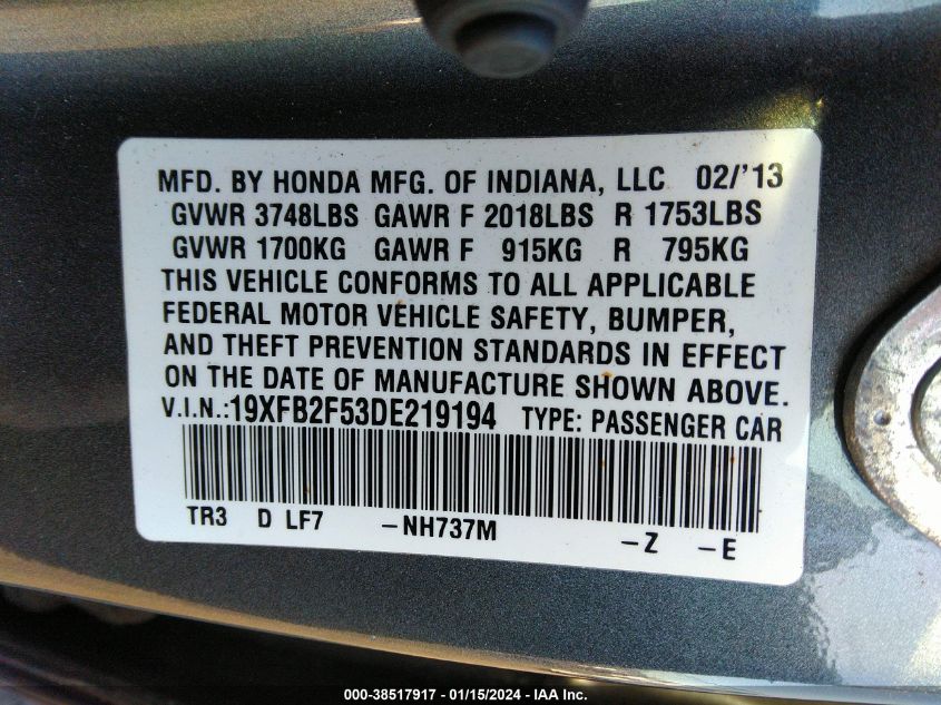 2013 HONDA CIVIC LX - 19XFB2F53DE219194
