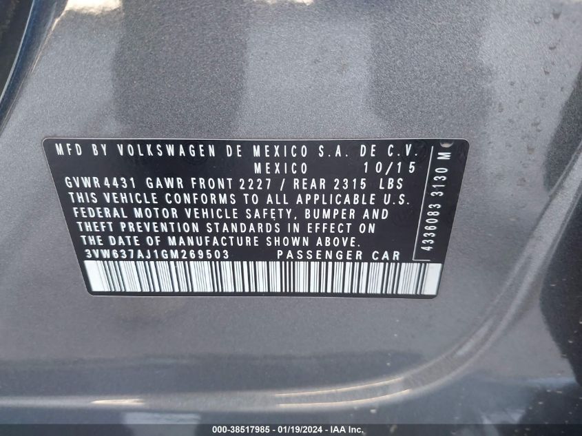 2016 VOLKSWAGEN JETTA HYBRID SEL PREMIUM 3VW637AJ1GM269503