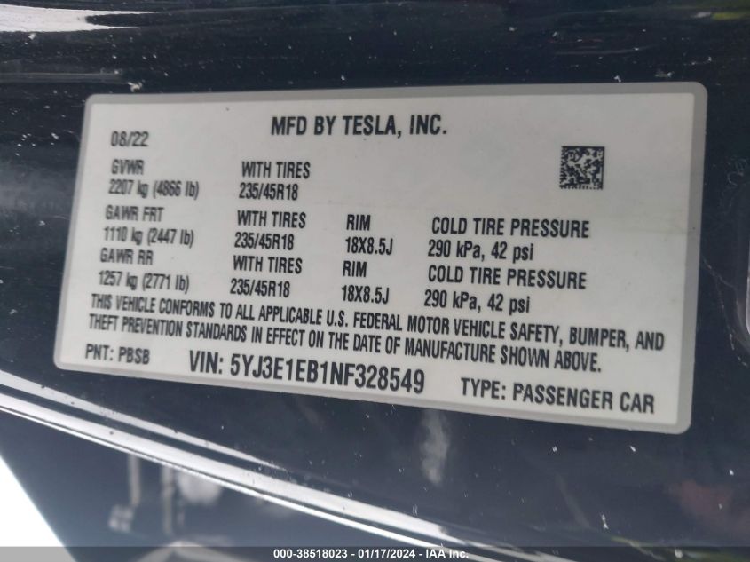 2022 TESLA MODEL 3 - 5YJ3E1EB1NF328549