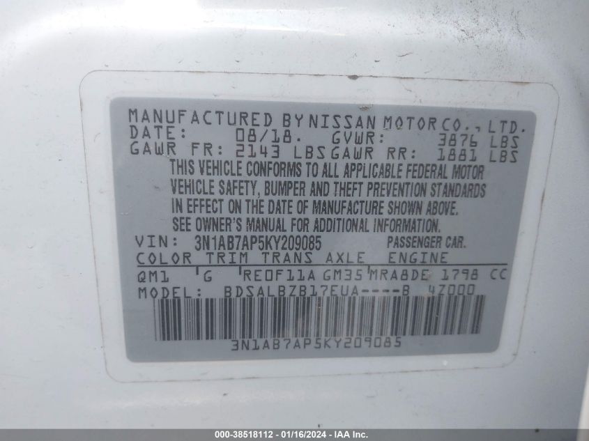 2019 NISSAN SENTRA S - 3N1AB7AP5KY209085