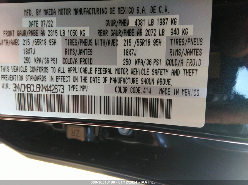 VIN 3MVDMBCL6NM442873 2022 MAZDA CX-30 PREFERRED