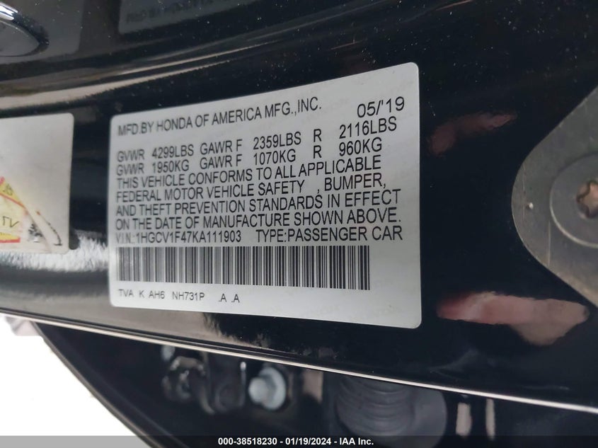 VIN 1HGCV1F47KA111903 2019 HONDA ACCORD EX