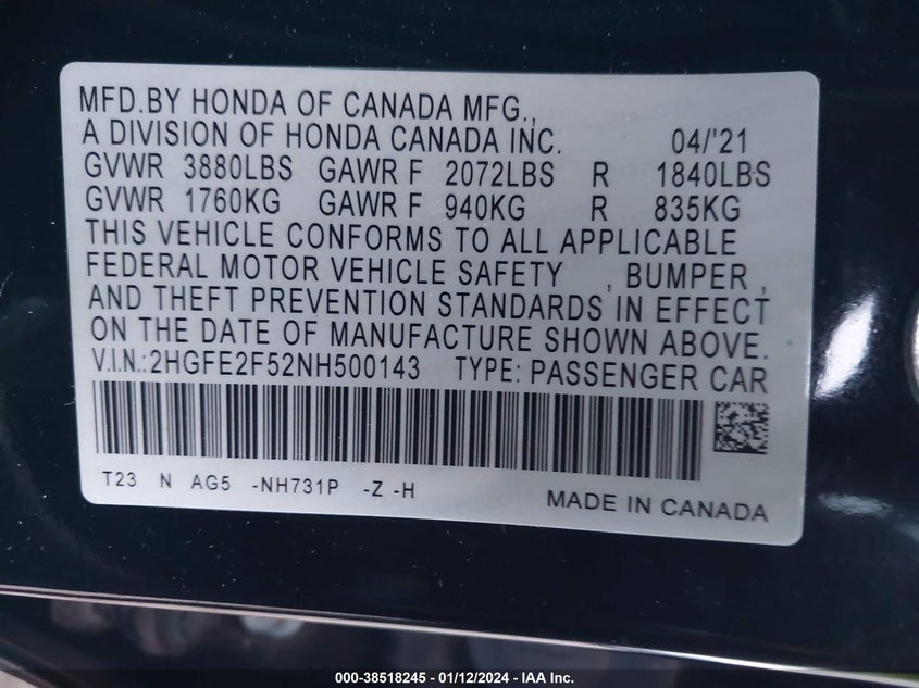 VIN 2HGFE2F52NH500143 2022 HONDA CIVIC SPORT