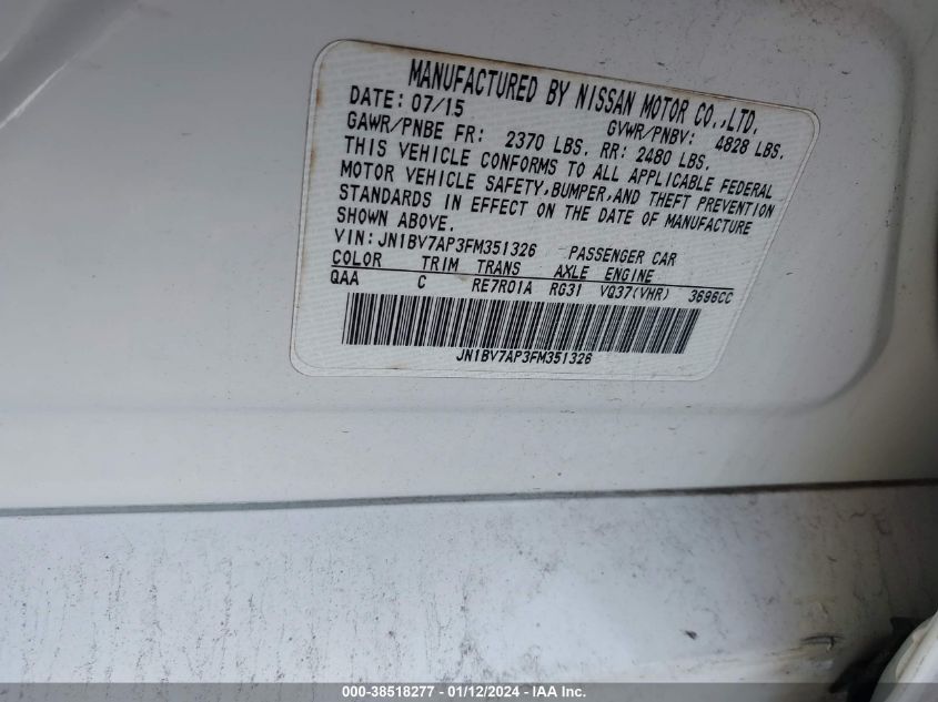 2015 INFINITI Q50 PREMIUM - JN1BV7AP3FM351326