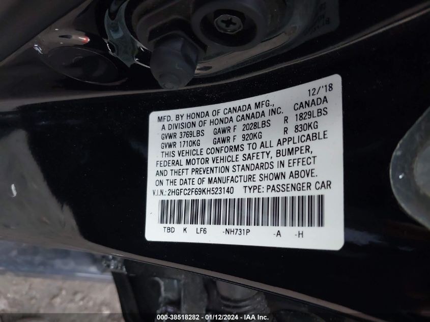 2019 HONDA CIVIC LX - 2HGFC2F69KH523140