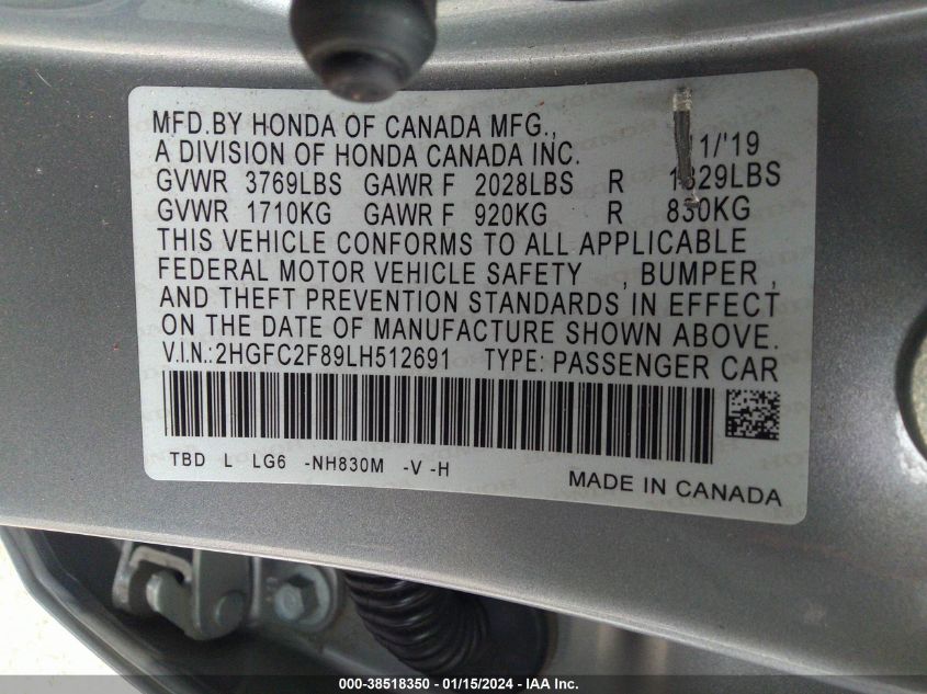 2020 HONDA CIVIC SPORT - 2HGFC2F89LH512691