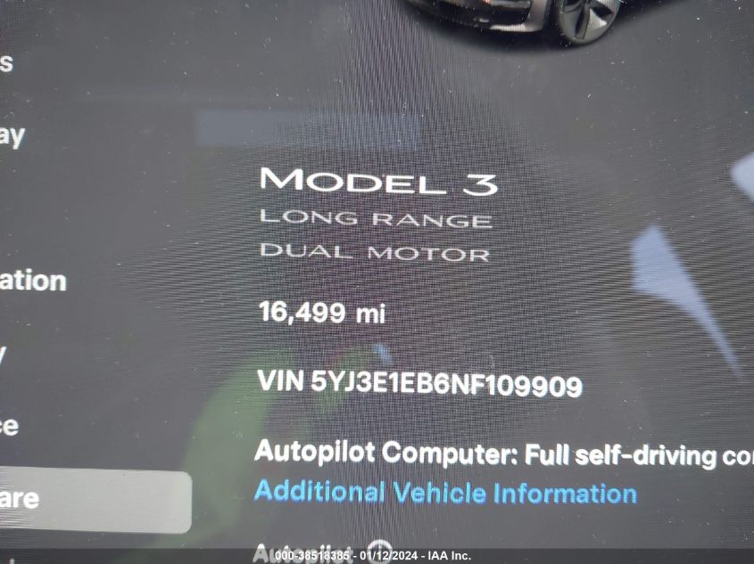 2022 TESLA MODEL 3 LONG RANGE DUAL MOTOR ALL-WHEEL DRIVE - 5YJ3E1EB6NF109909
