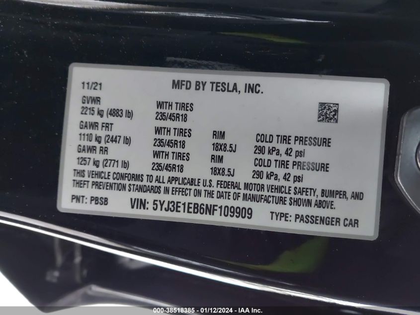 2022 TESLA MODEL 3 LONG RANGE DUAL MOTOR ALL-WHEEL DRIVE - 5YJ3E1EB6NF109909