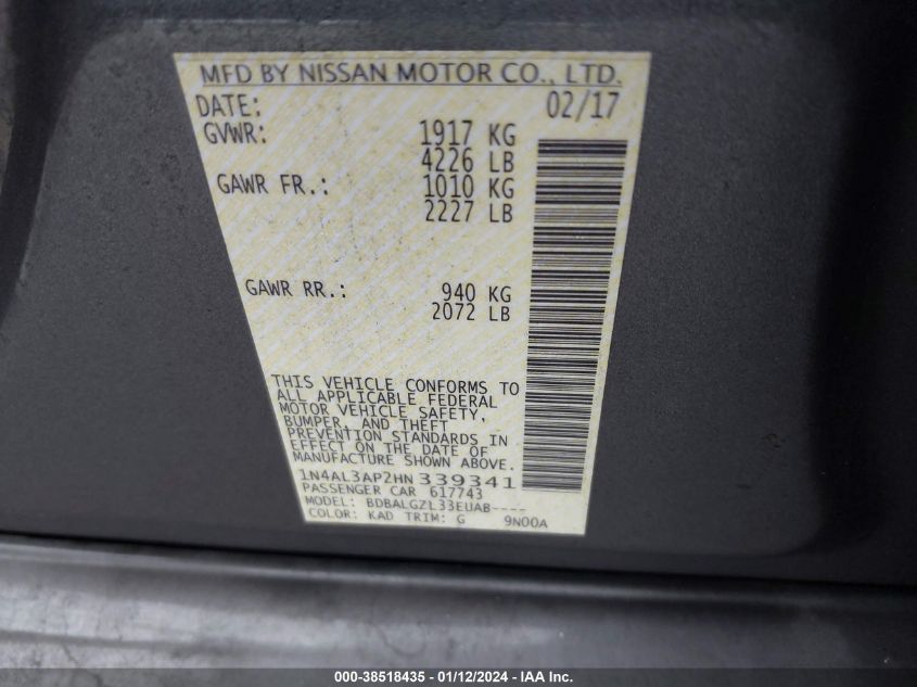 2017 NISSAN ALTIMA 2.5/S/SV/SL/SR - 1N4AL3AP2HN339341