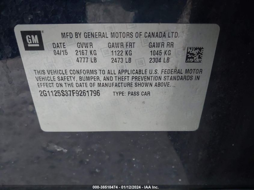2015 CHEVROLET IMPALA 2LT - 2G1125S37F9261796