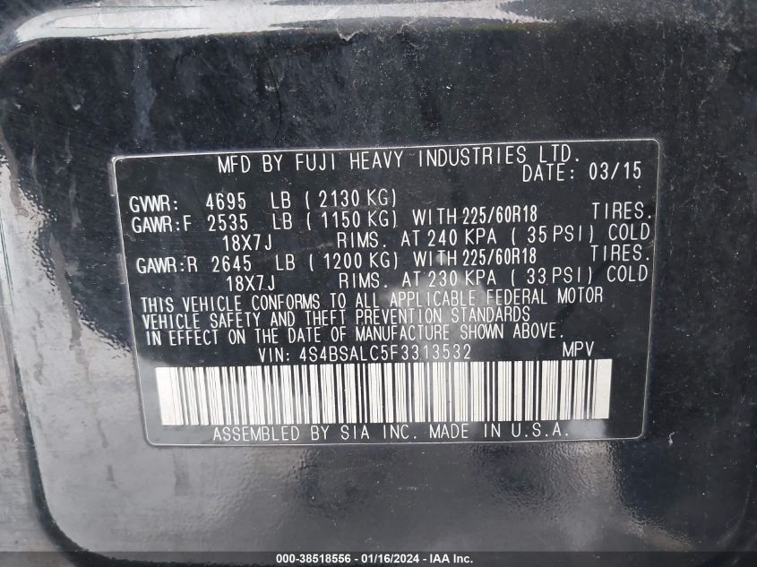 2015 SUBARU OUTBACK 2.5I LIMITED - 4S4BSALC5F3313532