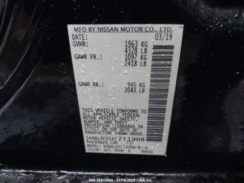 2019 NISSAN ALTIMA 2.5 SR - 1N4BL4CV1KC211908