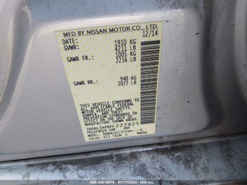 2015 NISSAN ALTIMA 2.5/S/SV/SL - 1N4AL3AP6FC227425